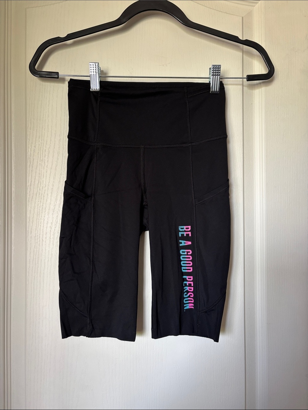 Lululemon Black High-Rise Bike Shorts with Multicolor 'Be A Good Person' Collab.